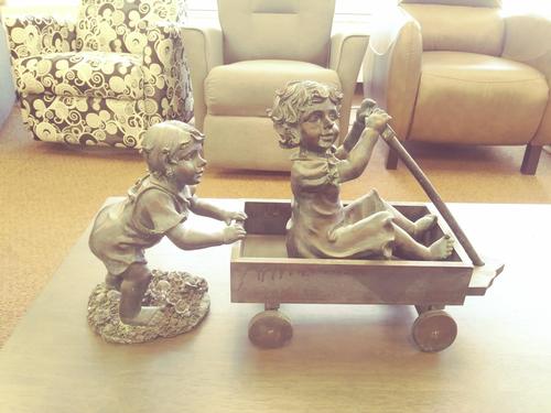 Children Playing with Wagon Statue 